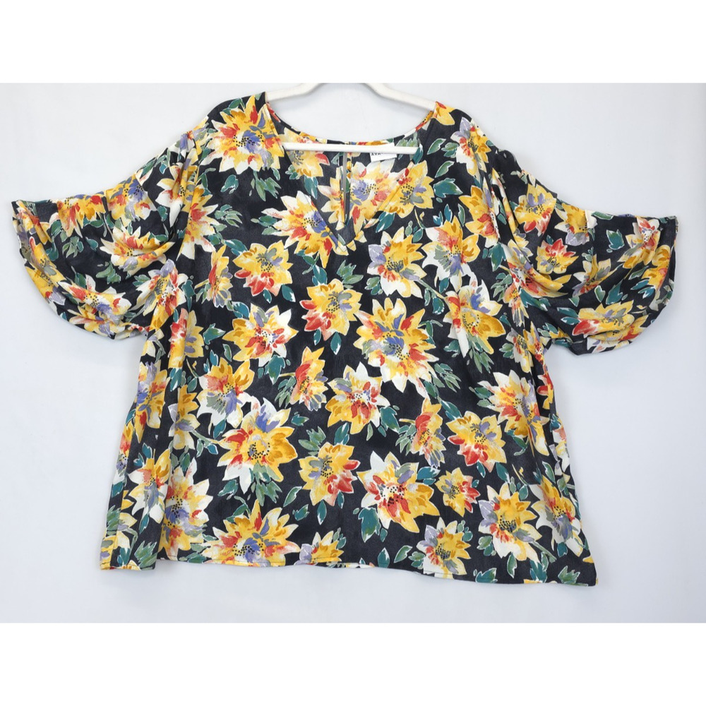 Ava & Viv Blouse Black Yellow Floral Puffed‎ Sleeve Women 3X Fairy Office Boho